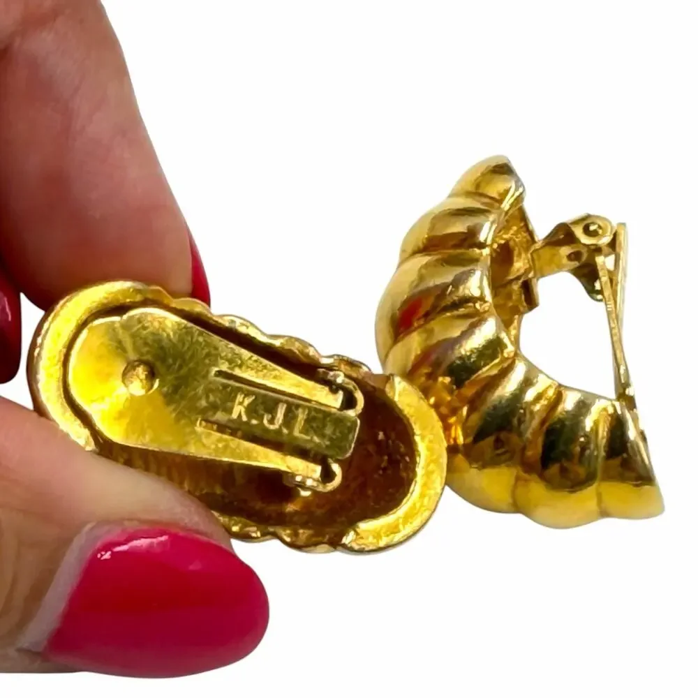 VTG 80s KJL Kenneth Jay Lane Gold Chunky Ribbed Shrimp Croissant Clip Earrings